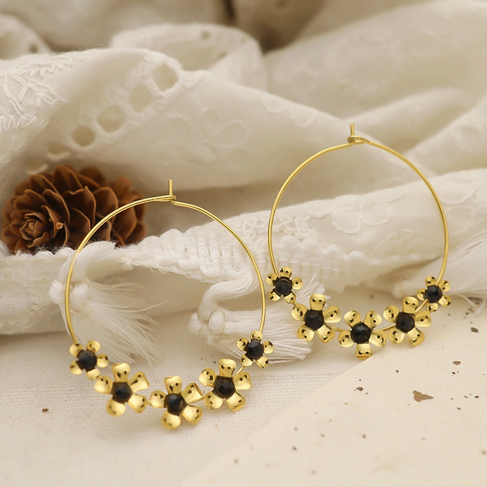 Wholesale Vintage Small Flower Stainless Steel Gold-plated Earrings