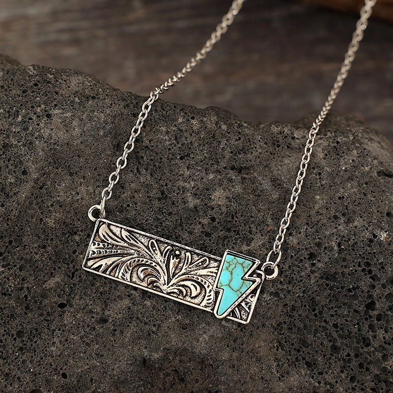 Wholesale Vintage Square Turquoise Cactus Lightning Cross Cowboy Boots Necklace