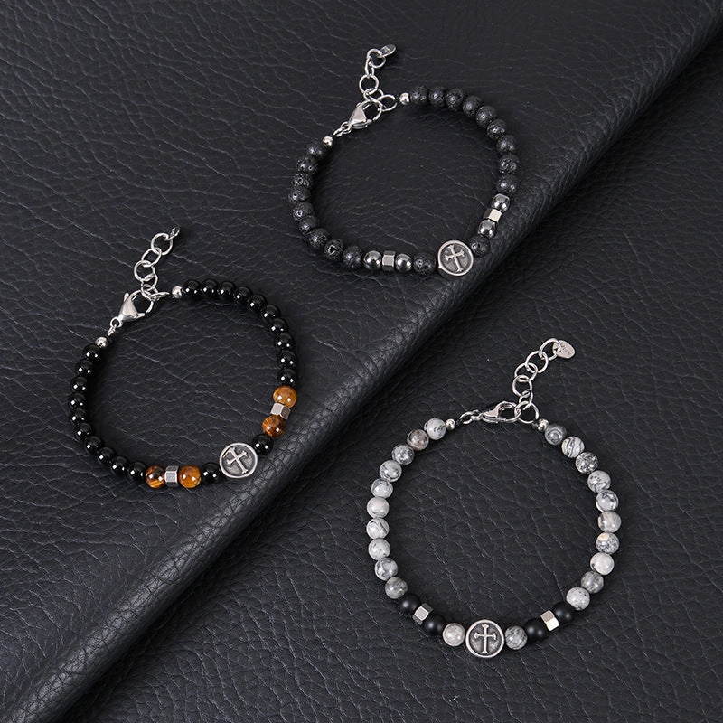Wholesale Vintage Stainless Steel Cross Men's Natural Stone Beaded Bracelet
