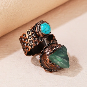 Wholesale Vintage style green fluorite adjustable bronze double head snake ring