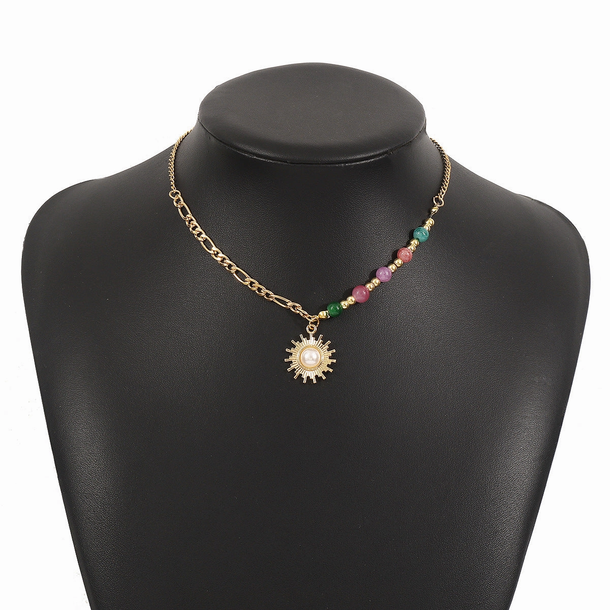 Wholesale Vintage Sun Inlaid Pearl Glass Beads Stacked Clavicle Necklace
