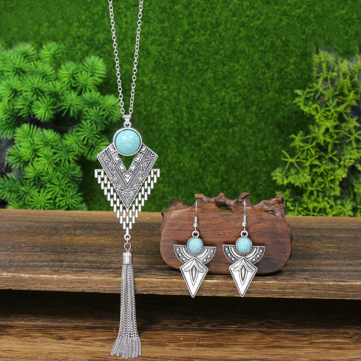 Wholesale Vintage Sweater Chain Long Tassel Pendant Turquoise Earrings