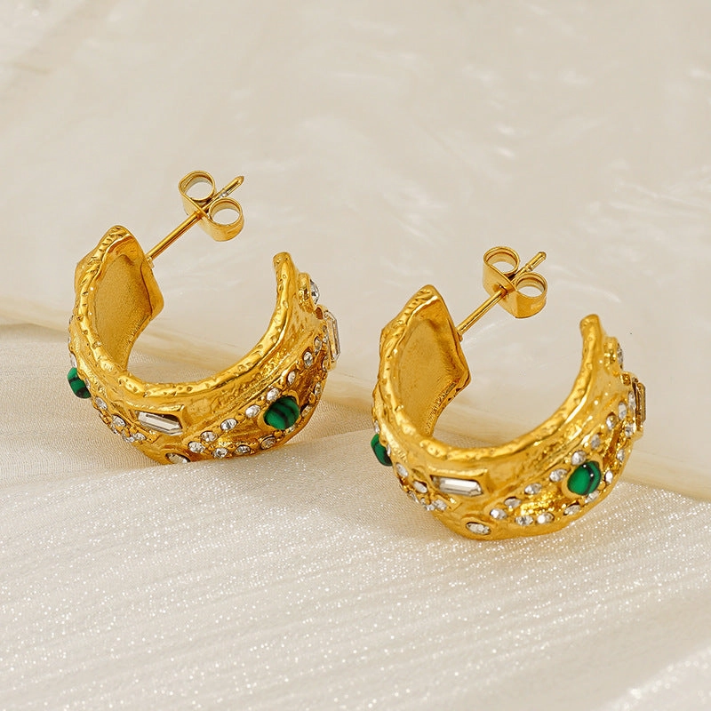 Wholesale Vintage texture devil's eye natural malachite stainless steel earrings