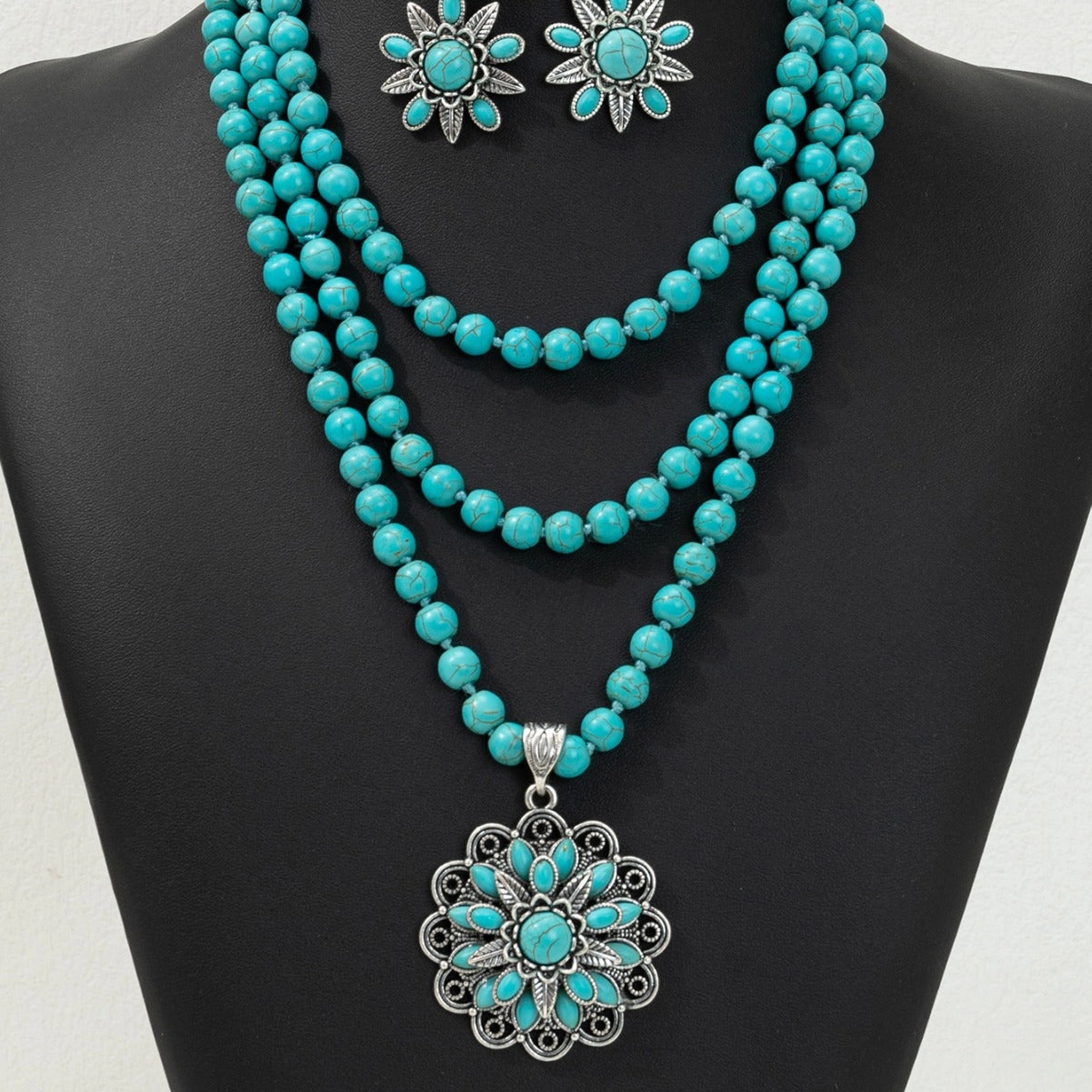 Wholesale Vintage three-layer flower earrings turquoise earrings