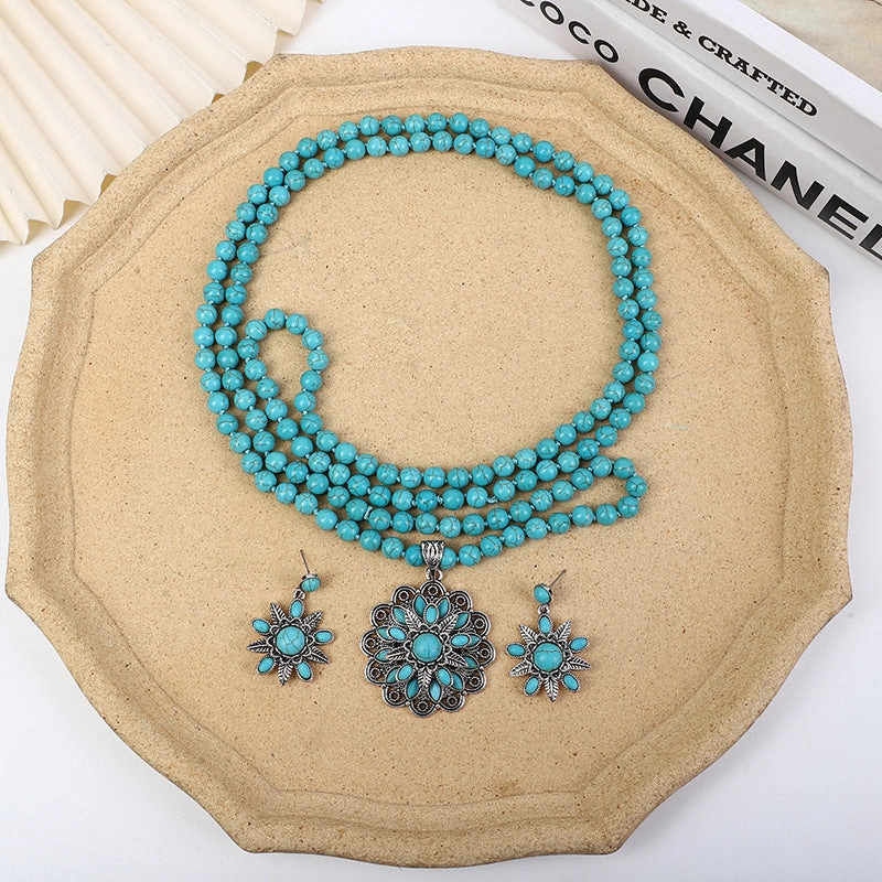 Wholesale Vintage three-layer flower earrings turquoise earrings