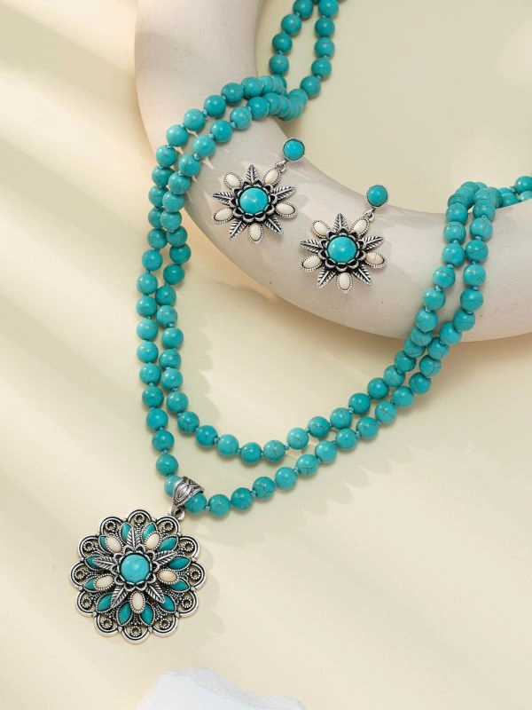 Wholesale Vintage three-layer flower earrings turquoise earrings