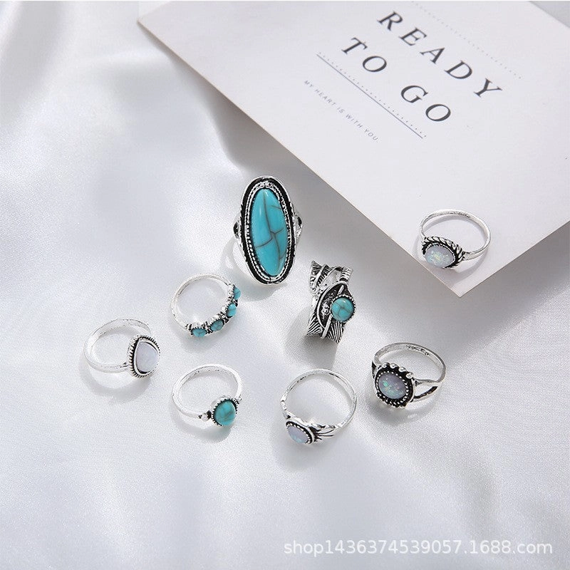 Wholesale Vintage turquoise carved feather ring set 8 pieces