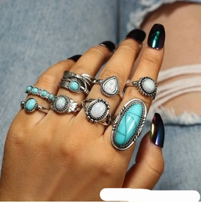 Wholesale Vintage turquoise carved feather ring set 8 pieces