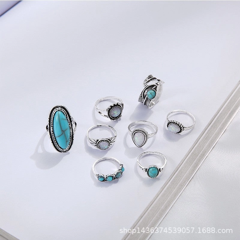Wholesale Vintage turquoise carved feather ring set 8 pieces