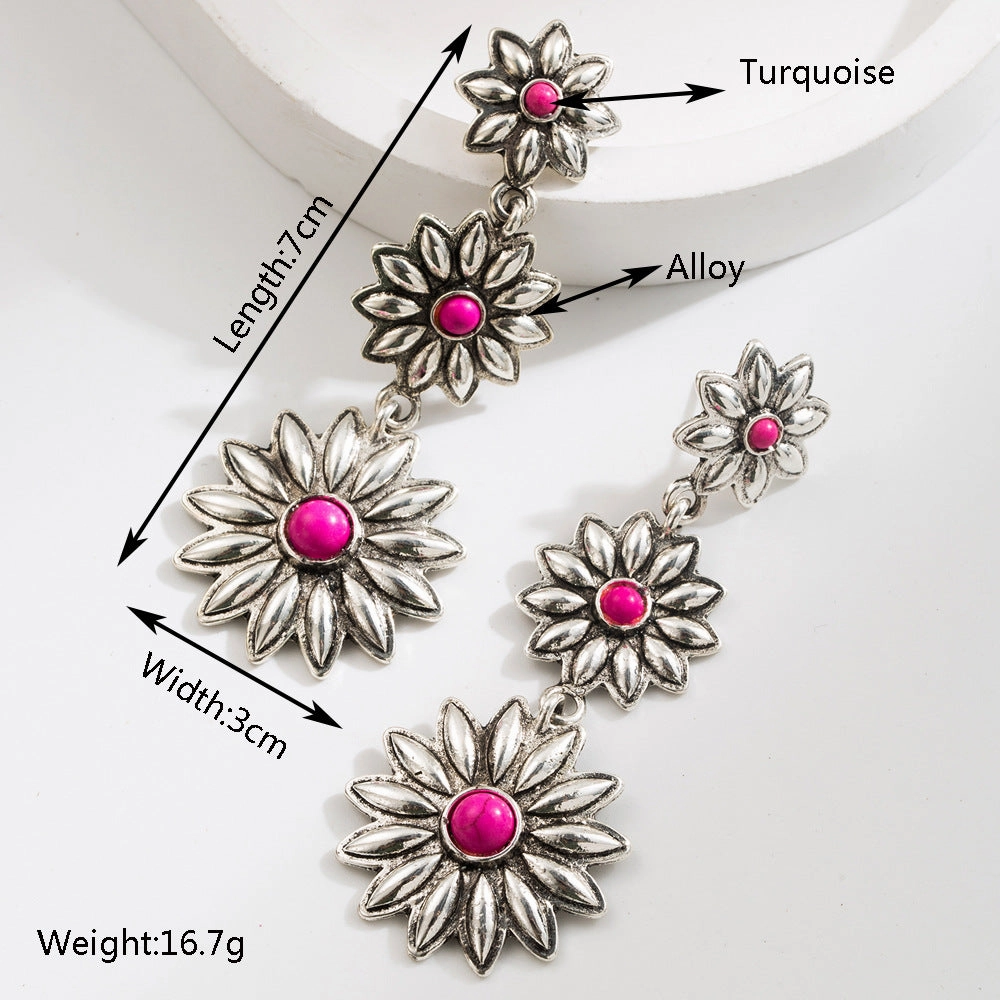 Wholesale Vintage Turquoise Flower Tassel Earrings