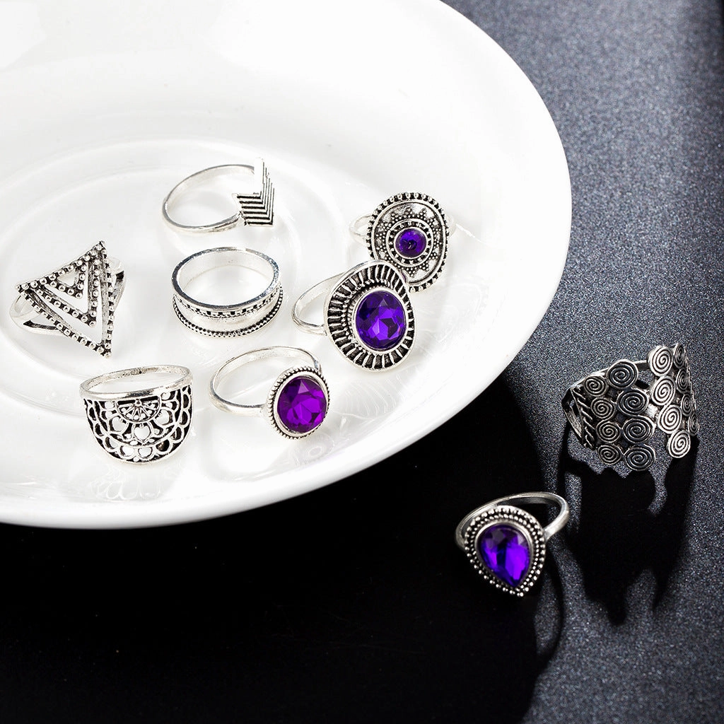 Wholesale Vintage Water Drop Amethyst Alloy Rings Set of 9