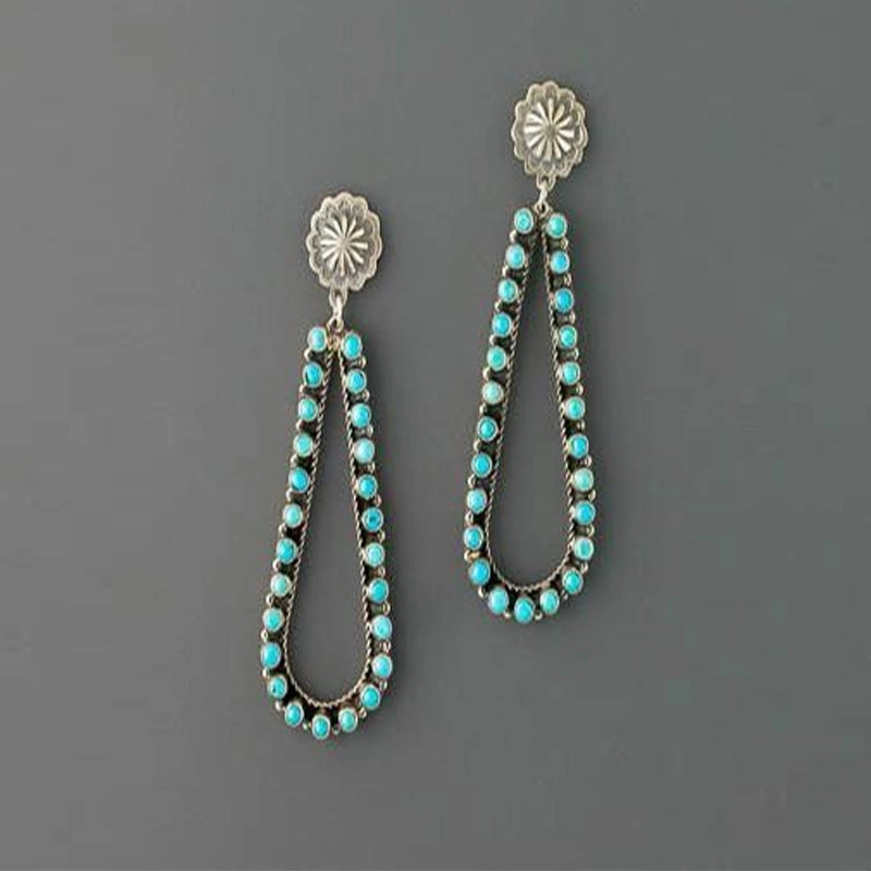 Wholesale Vintage Water Drop Hollowed Out Inlaid Turquoise Alloy Earrings