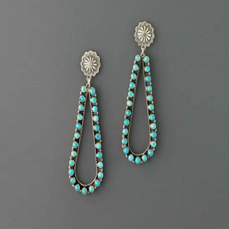 Wholesale Vintage Water Drop Hollowed Out Inlaid Turquoise Alloy Earrings
