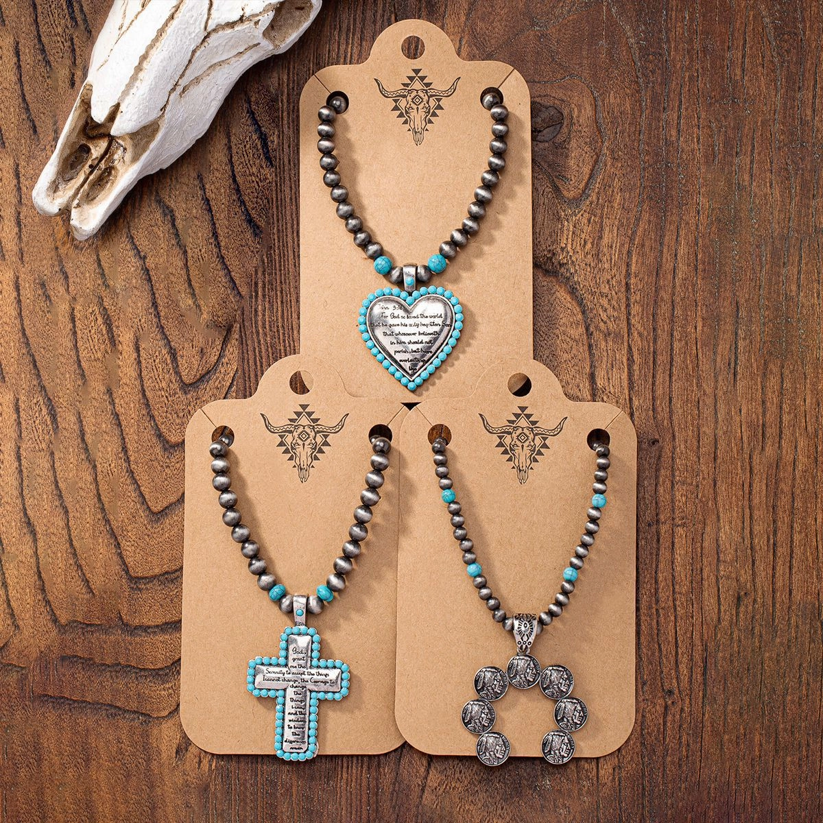 Wholesale Vintage Western Cross Heart Beaded Necklace