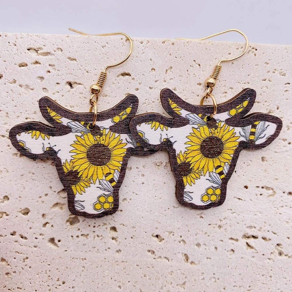 Wholesale Vintage Wooden Western Bullhead Sunflower Bohemian Earrings