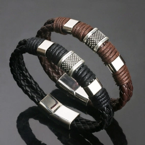 Wholesale Vintage Woven Leather Rope Men's Cowhide Magnetic Buckle Bracelet