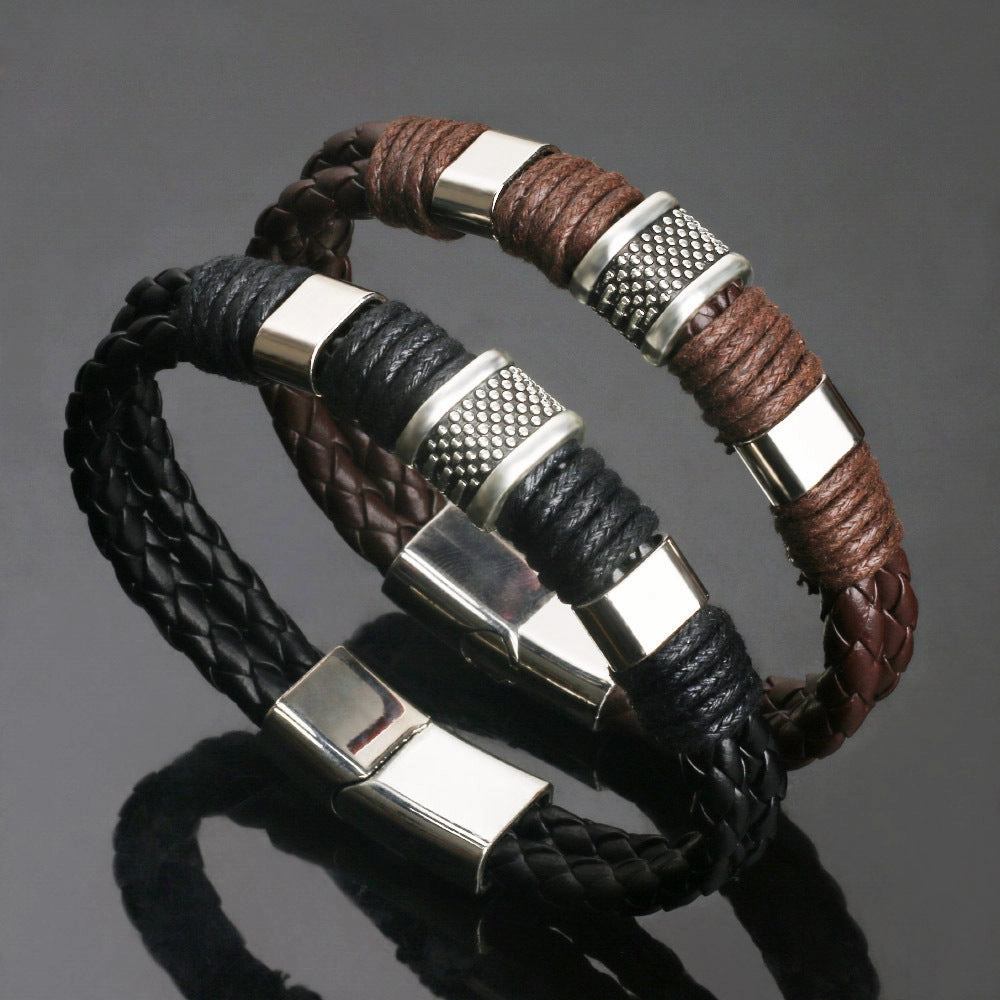 Wholesale Vintage Woven Leather Rope Men's Cowhide Magnetic Buckle Bracelet