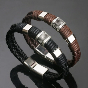 Wholesale Vintage Woven Leather Rope Men's Cowhide Magnetic Buckle Bracelet