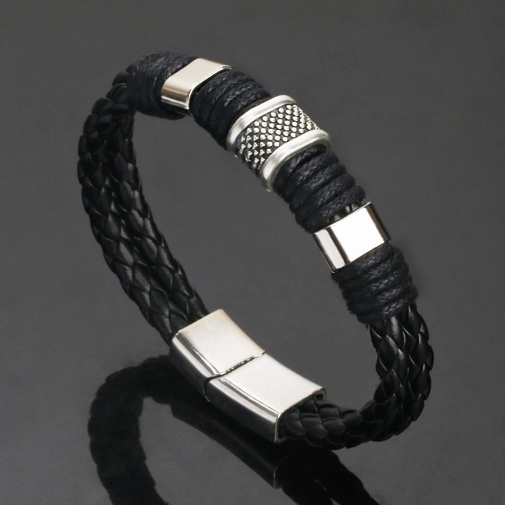 Wholesale Vintage Woven Leather Rope Men's Cowhide Magnetic Buckle Bracelet