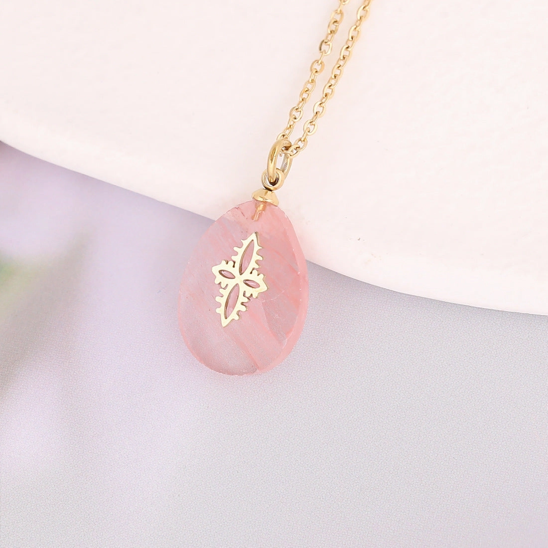 Wholesale Water Drop Natural Stone Pendant Stainless Steel Cross Necklaces