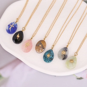 Wholesale Water Drop Natural Stone Pendant Stainless Steel Cross Necklaces