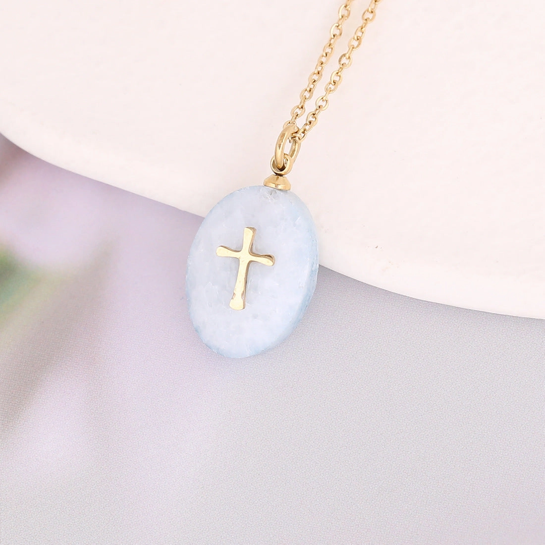 Wholesale Water Drop Natural Stone Pendant Stainless Steel Cross Necklaces