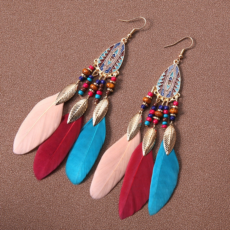 Wholesale Water drop tassel feather earrings long Bohemian rice beads ethnic style earrings