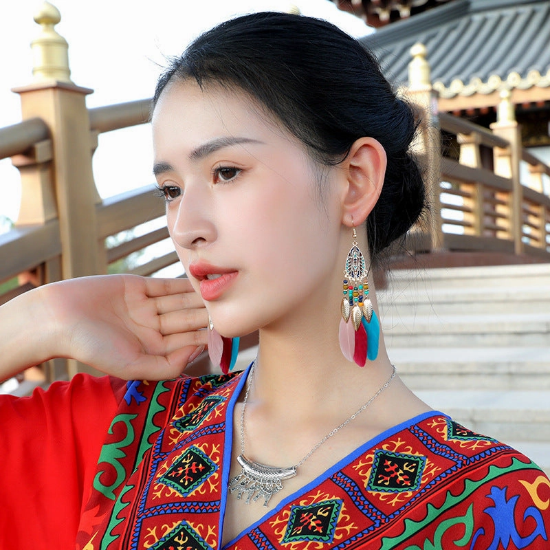 Wholesale Water drop tassel feather earrings long Bohemian rice beads ethnic style earrings