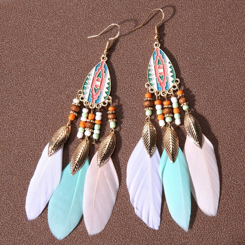 Wholesale Water drop tassel feather earrings long Bohemian rice beads ethnic style earrings