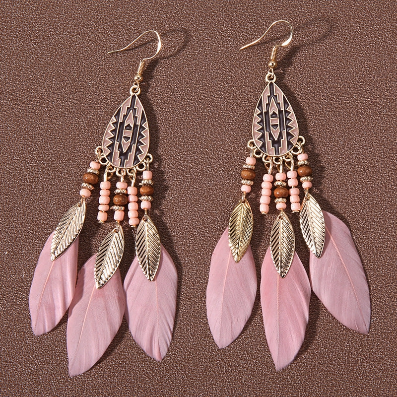 Wholesale Water drop tassel feather earrings long Bohemian rice beads ethnic style earrings