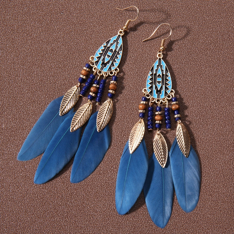 Wholesale Water drop tassel feather earrings long Bohemian rice beads ethnic style earrings