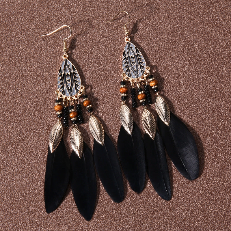 Wholesale Water drop tassel feather earrings long Bohemian rice beads ethnic style earrings