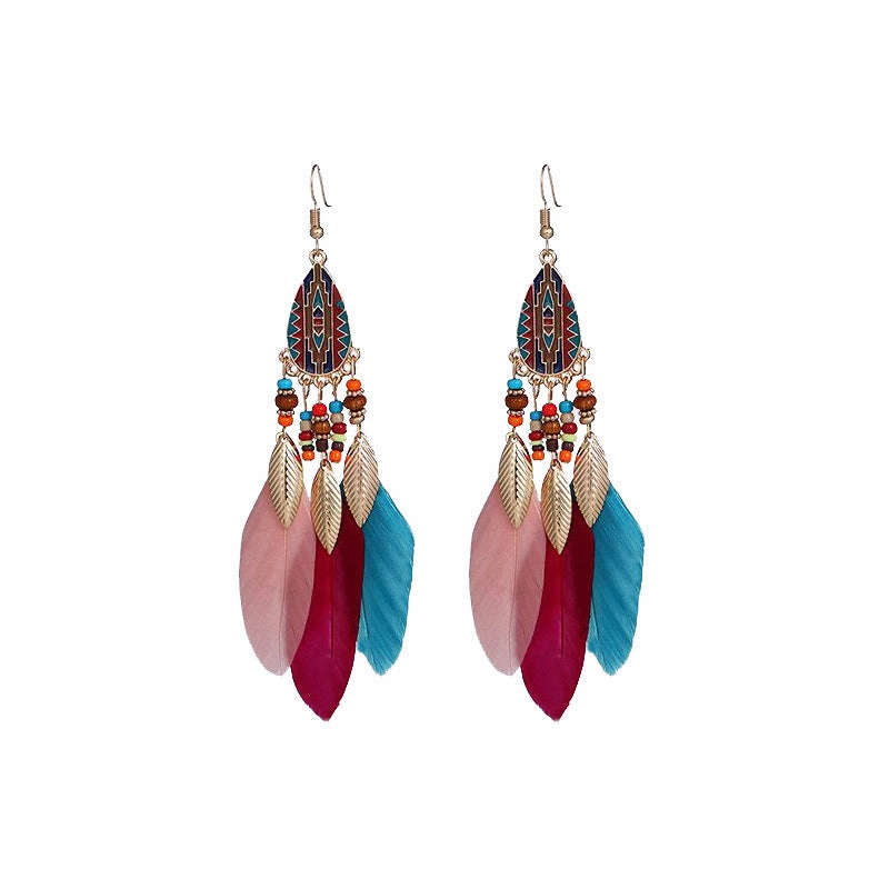 Wholesale Water drop tassel feather earrings long Bohemian rice beads ethnic style earrings