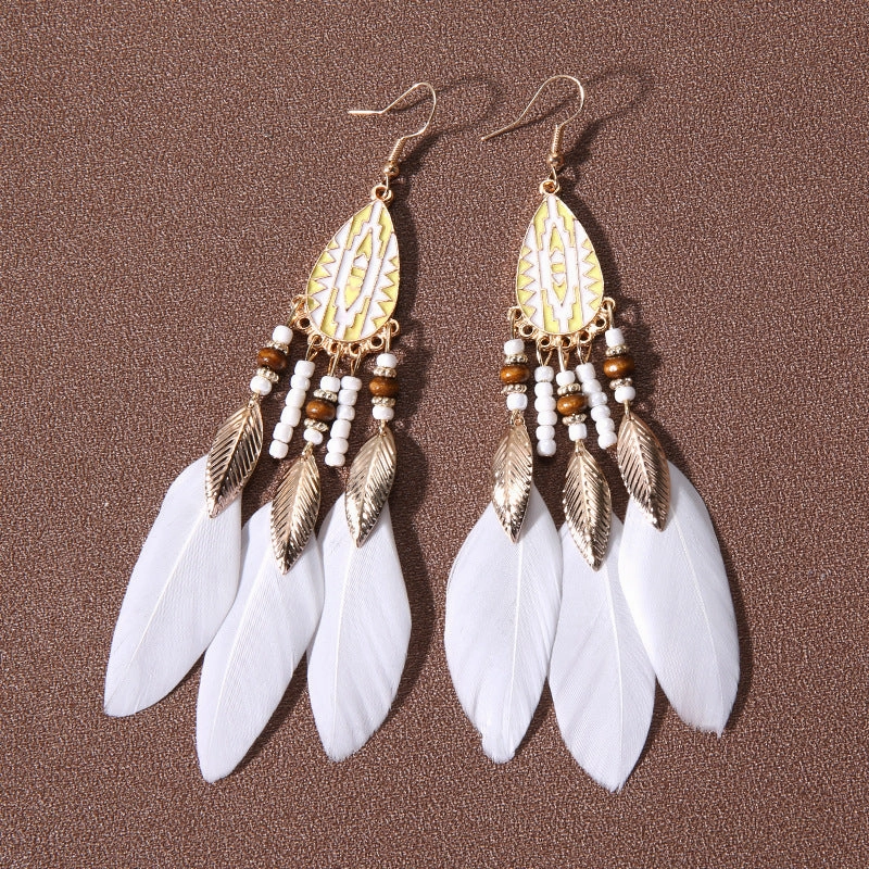 Wholesale Water drop tassel feather earrings long Bohemian rice beads ethnic style earrings