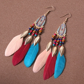 Wholesale Water drop tassel feather earrings long Bohemian rice beads ethnic style earrings