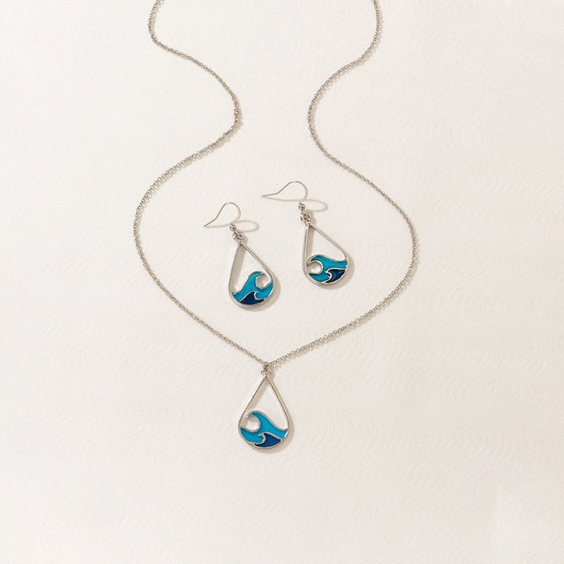 Wholesale Wave Design Stainless Steel Blue Sweater Chain Earring Set