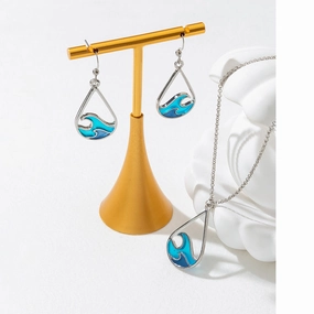 Wholesale Wave Design Stainless Steel Blue Sweater Chain Earring Set