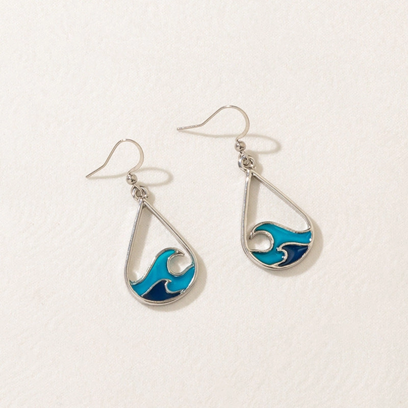 Wholesale Wave Design Stainless Steel Blue Sweater Chain Earring Set