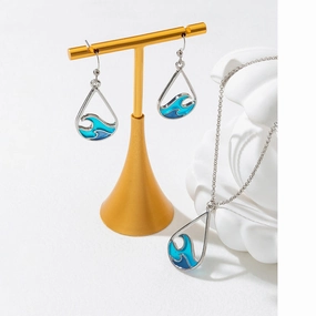 Wholesale Wave Design Stainless Steel Blue Sweater Chain Earring Set