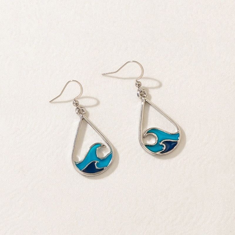 Wholesale Wave Design Stainless Steel Blue Sweater Chain Earring Set