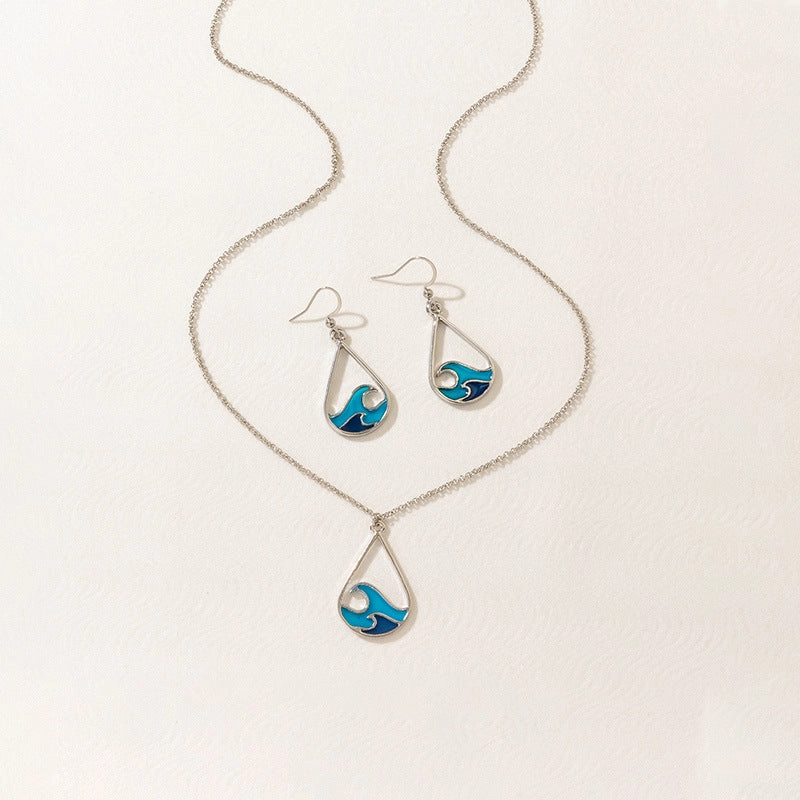 Wholesale Wave Design Stainless Steel Blue Sweater Chain Earring Set