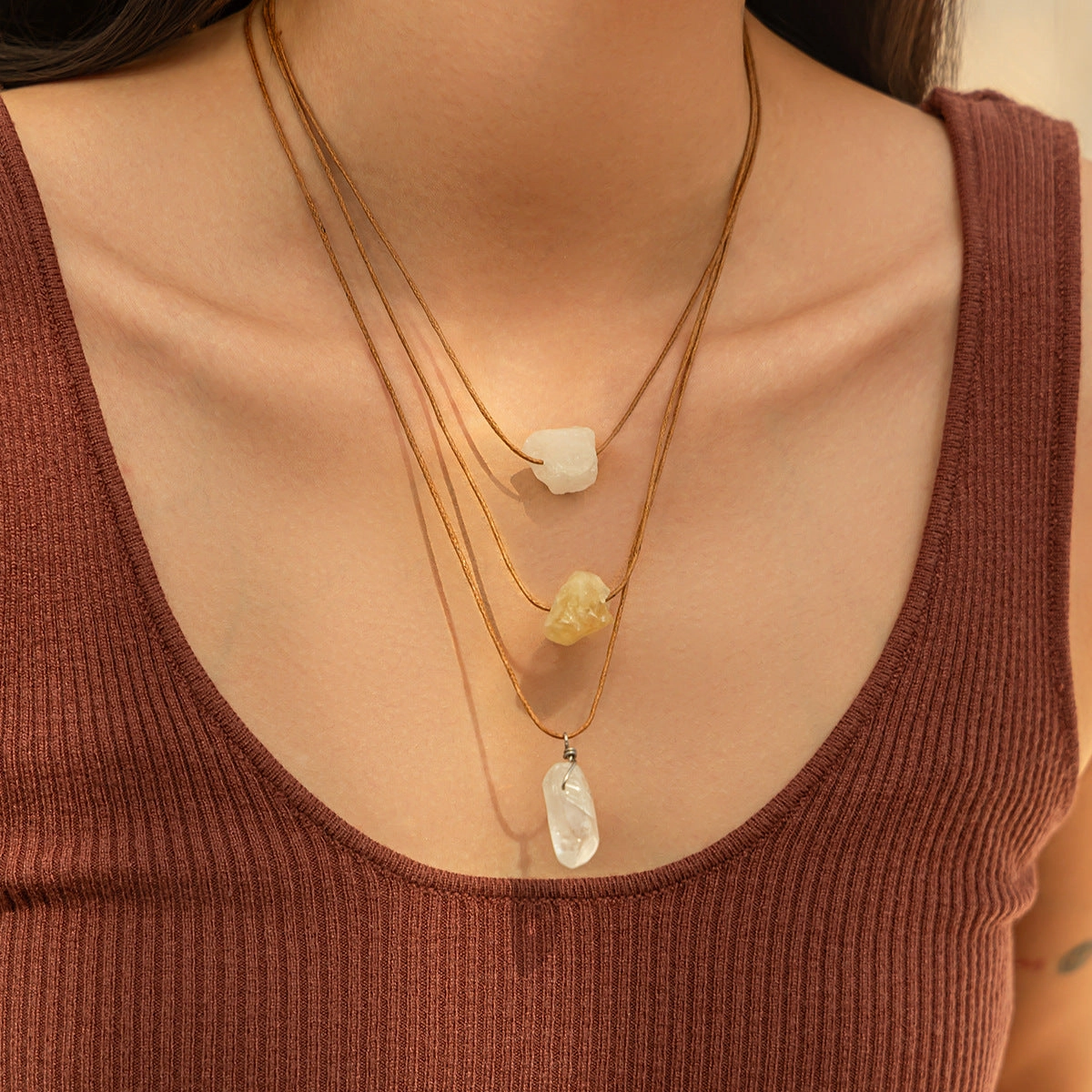 Wholesale Wax Wire Crystal Tassel Retro Ethnic Style Irregular Gravel Pendant Necklace