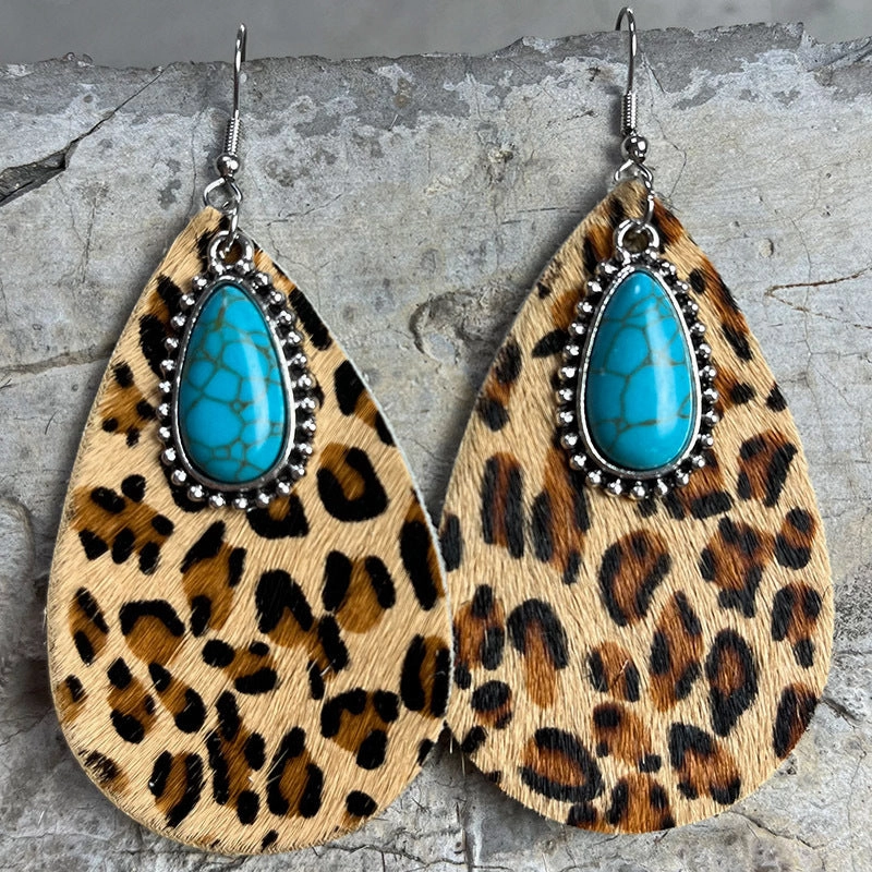 Wholesale Western Animal Pattern Cowhide Turquoise Metal Earrings
