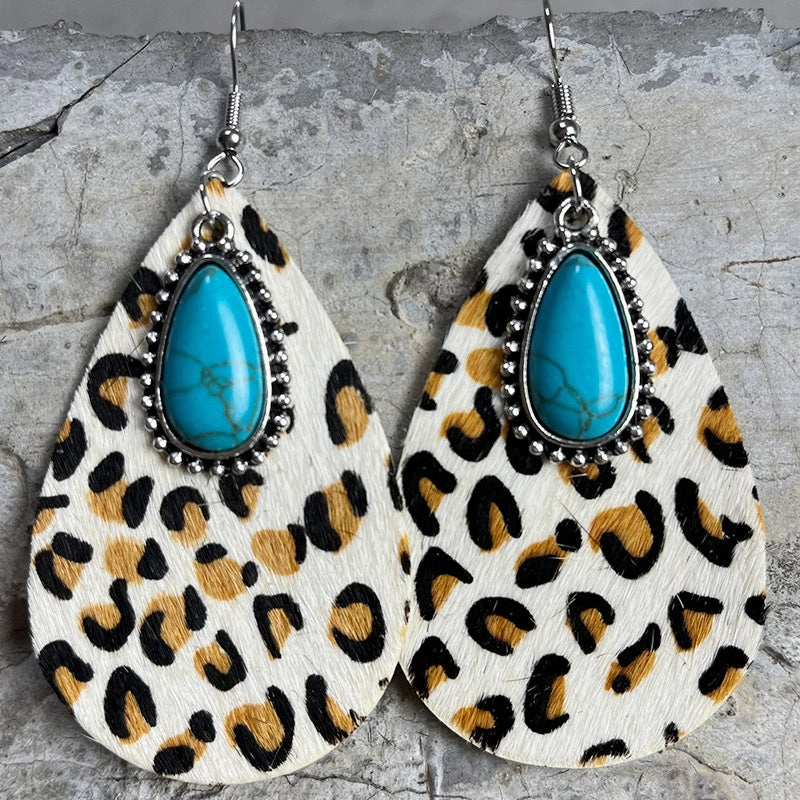 Wholesale Western Animal Pattern Cowhide Turquoise Metal Earrings