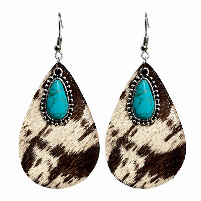 Wholesale Western Animal Pattern Cowhide Turquoise Metal Earrings