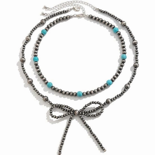 Wholesale Western Bow Necklace Multilayer Bohemian Turquoise Bead Necklace