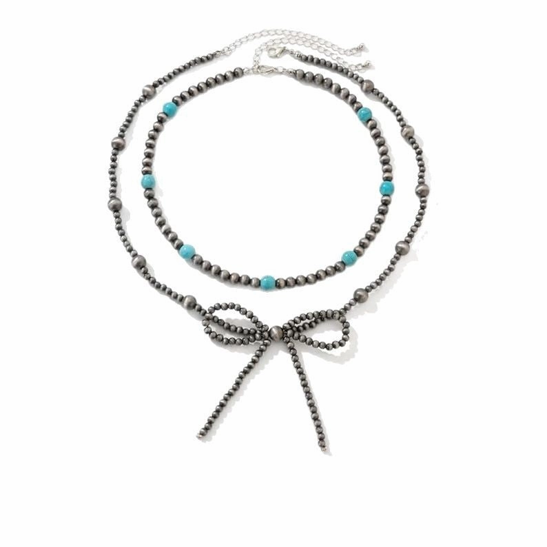 Wholesale Western Bow Necklace Multilayer Bohemian Turquoise Bead Necklace