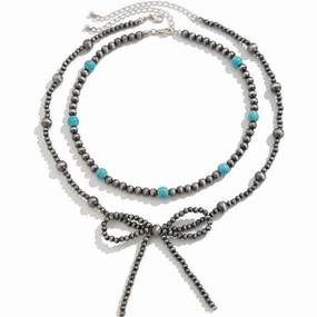 Wholesale Western Bow Necklace Multilayer Bohemian Turquoise Bead Necklace