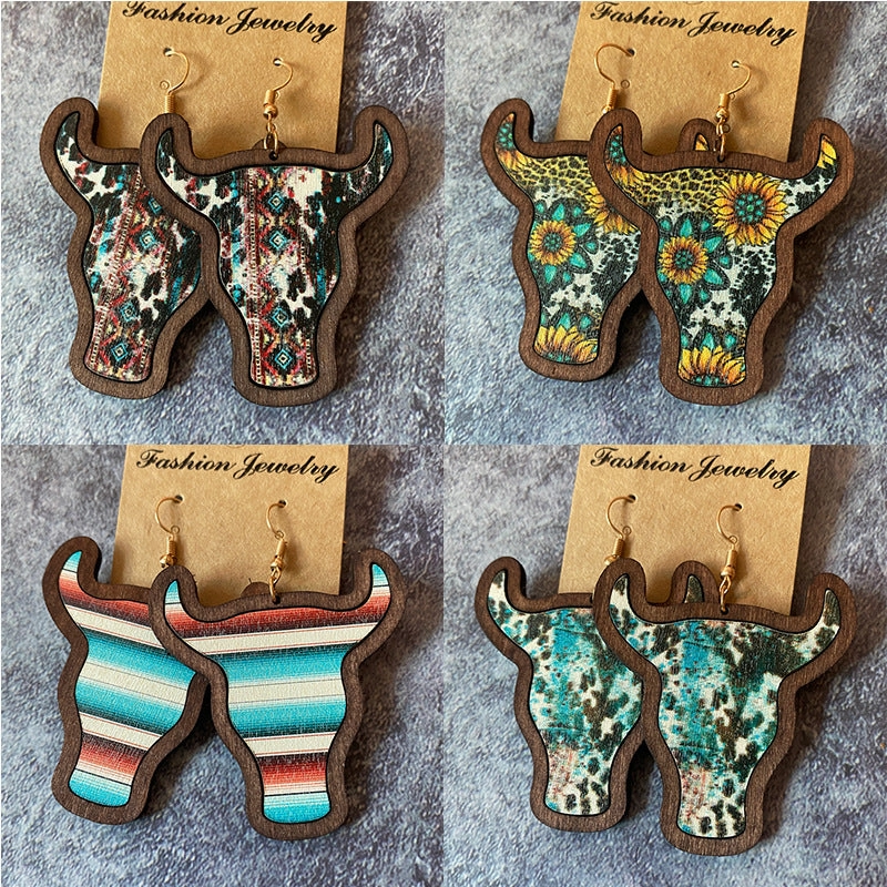 Wholesale Western Bull Head Inlaid Vintage Wood Earrings