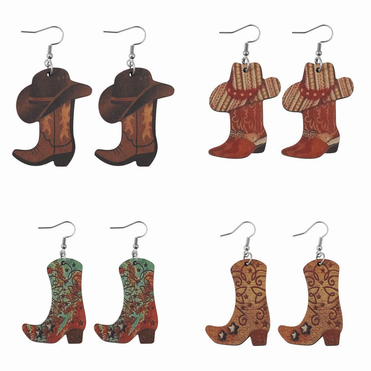 Wholesale Western Cowboy Boots Hat Pendant Double-Sided Printed Wooden Earrings
